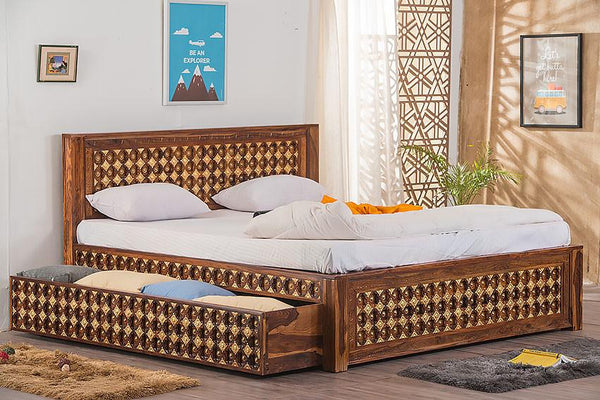 Solid Wood Brass Bed D with Trolley Storage