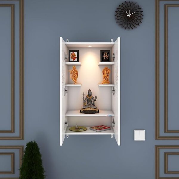 Anikaa Engineered Wood Spirit LED Light Wall Temple Shelf Puja Stand Pooja Modern Designe Temple Mandir for Office & Home Decoration - White (D.I.Y - Do-It-Yourself)