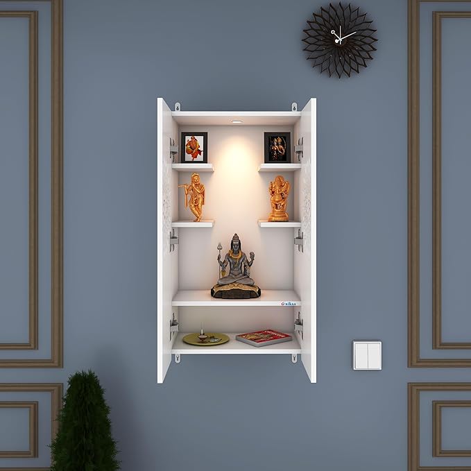 71SS89vgo8L._SX679_ Anikaa Engineered Wood Spirit LED Light Wall Temple Shelf Puja Stand Pooja Modern Designe Temple Mandir for Office & Home Decoration - White (D.I.Y - Do-It-Yourself) - Image 1