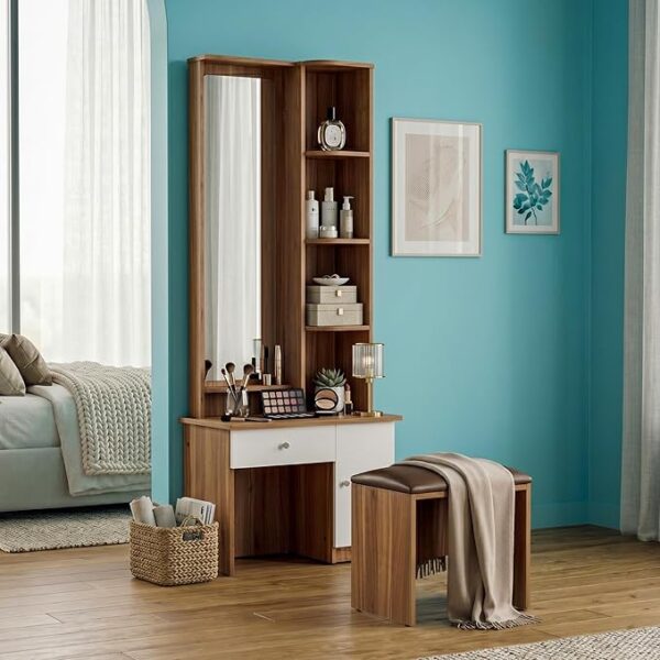 NEUDOT Carlos Wooden Dressing Table with Mirror and Storage | Engineering Wood | Vanity Table with Mirror | Vanity Table for Bedroom, Living Room | 1-Year Warranty, Brown